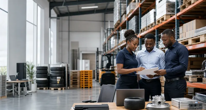 Procurement team reviewing supplies in a warehouse